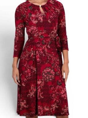 Kasper Red/Black Multi Printed 3/4 Sleeve&  Tie-Waist Midi Dress Size 6 & 10